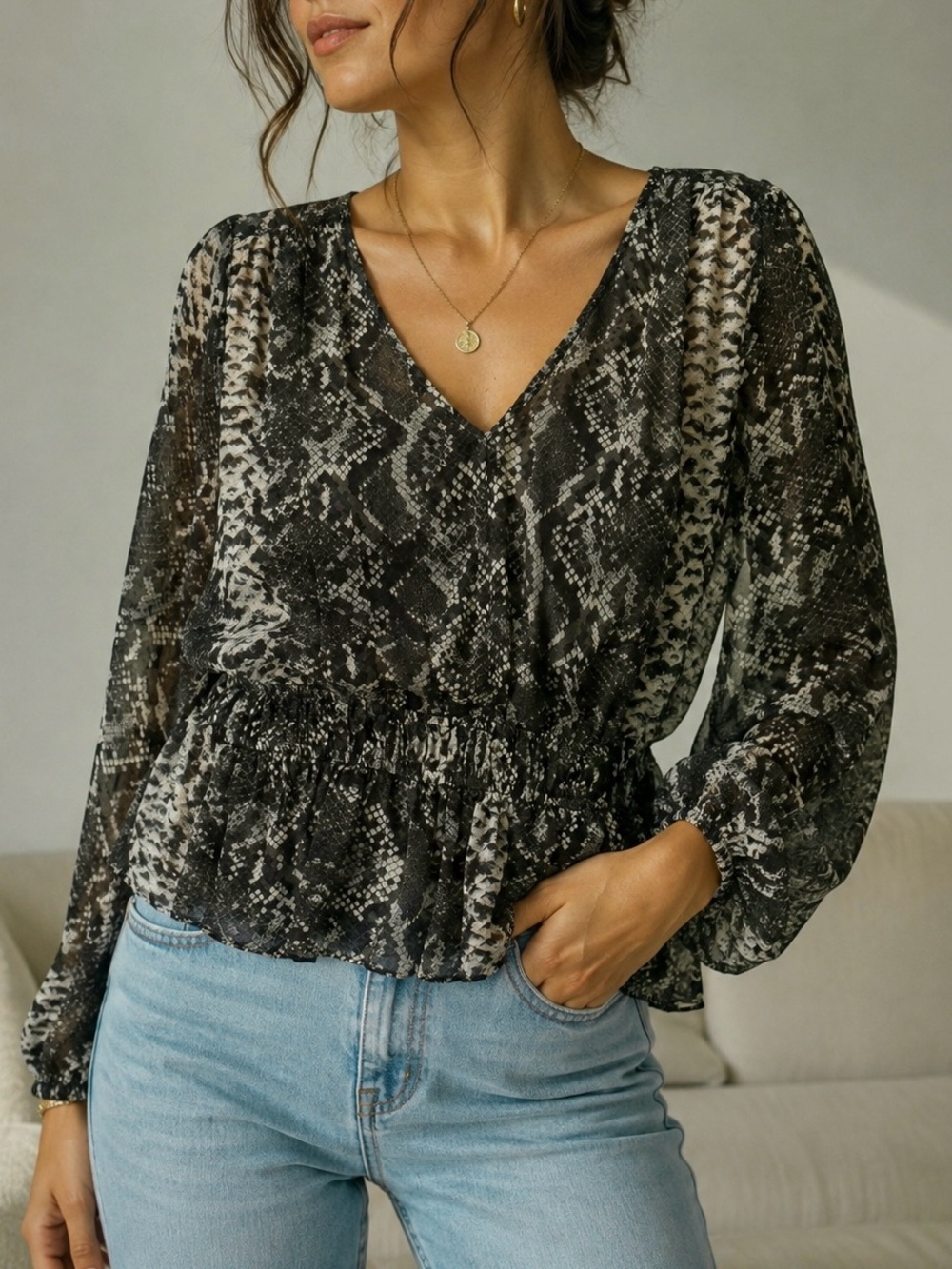 H&M Snake Skin Pattern Olive Chiffon Blouse Size 10